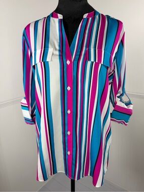 NWT Calvin Klein Multicolor Striped V-neck Button Up Blouse Size Small